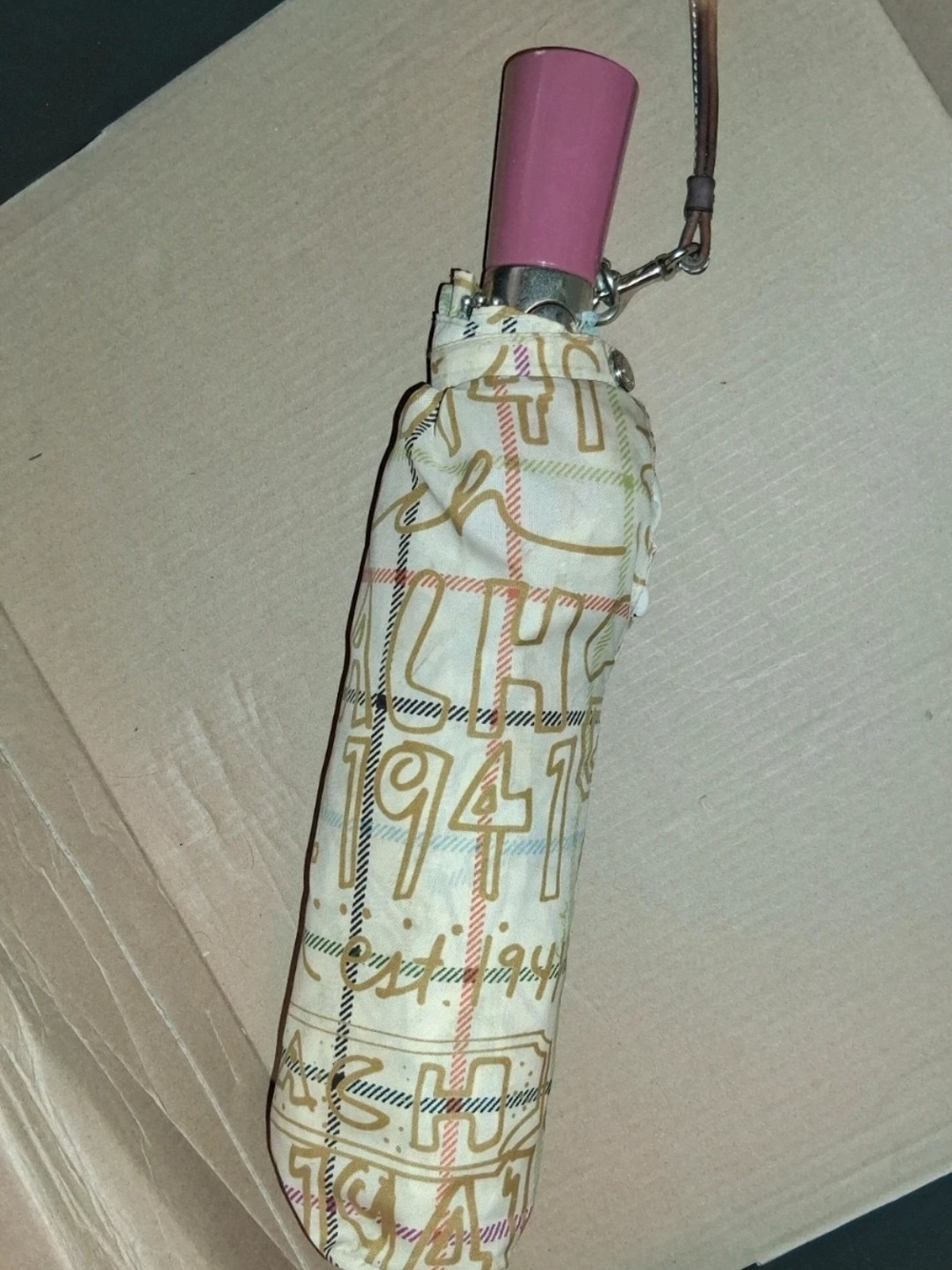 Coach Compact Umbrella with Beige Signature Print and Pink Handle